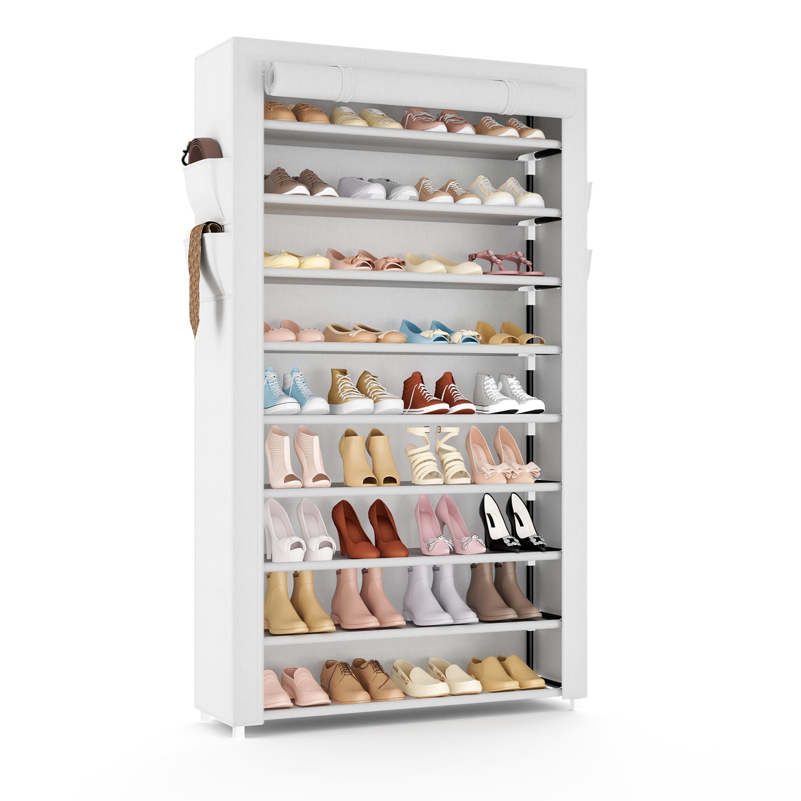 Photo 1 of VILICK Shoe Rack with Cover Narrow Shoe Organizer with Pockets 10 Tier Tall Shoe Storage Holds 36-41 Pairs Shoes and Boots Shoe Rack for Closet Entryway Garage, White