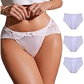4UFIT Sexy Silk Panties for Women Lace Hipster Back Bow Ruffles Thong Bikini Underwear Lingerie 3 Pack