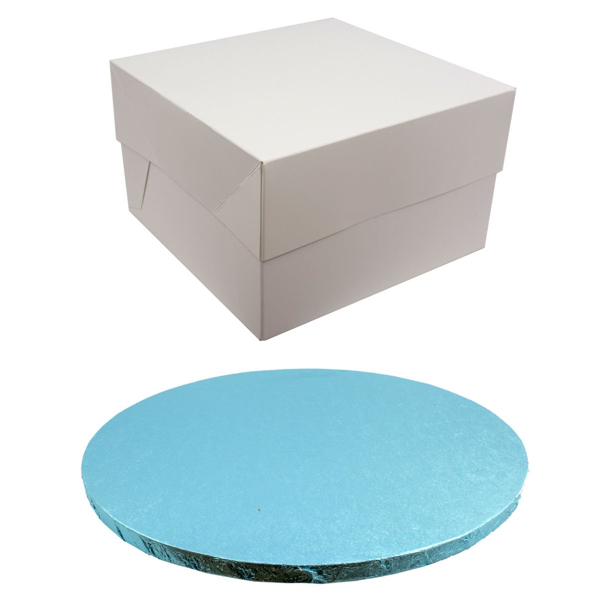 Round Coloured Drum Cake Board and White Transporting Box (10 Inch, Light Blue)