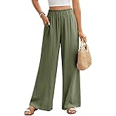 Slakkenreis Women Linen Pants Summer Wide Leg Pants Boho Elastic Waist Wide Leg Pant Travel Flowy Beach Pant with Pockets