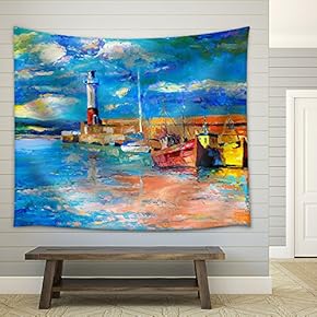 Original Oil Painting of Lighthouse and Boats on Canvas.Rich Golden Sunset Over Ocean - Fabric Wall Tapestry Home Decor - 51x60 inches