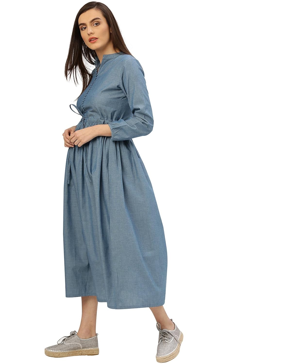 desi fusion women's a-line blue solid cotton handloom dress