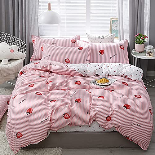 Strawberry Duvet Cover Set King Girls Cute Strawberry Heart Love Fruit Bedding Set For Kids Baby Girls Bedroom Decor Lovely Pink Stripe Comforter Cover Soft Reversible Kawaii Style Bedspread Cover — image 1