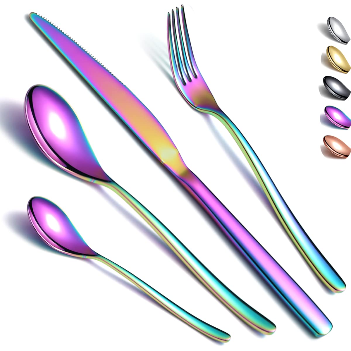 Cutlery Set 24 Pieces, Kyraton Stainless Steel Rainbow Flatware Set, Titanium Plating Rainbow Silverware Set Strong Anti Rust, Dishwasher Safe, Tableware Set Serving 6 People.