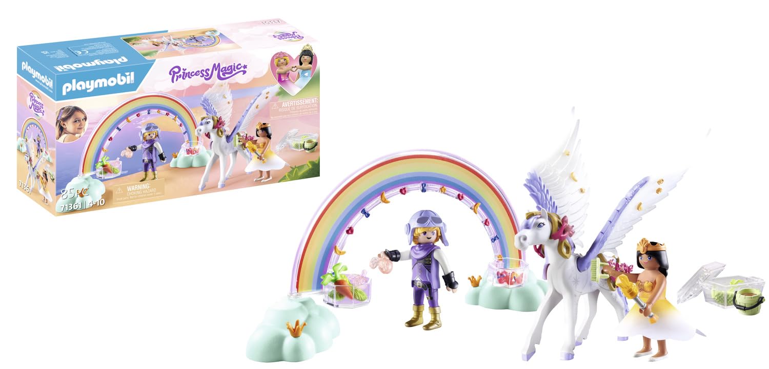 Playmobil 71361 Princess Magic: Pegasus with Rainbow in the Clouds, enchanting set with tools for grooming and feeding the Pegasus, fun imaginative role-play, playsets suitable for children ages 4+