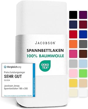 Jacobson Jersey Spannbettlaken Spannbetttuch Baumwolle Bettlaken (90x200-100x200 cm, Weiss)