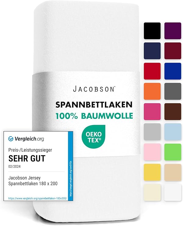 Jacobson Jersey Spannbettlaken Spannbetttuch Baumwolle Bettlaken (90x200-100x200 cm, Weiss)