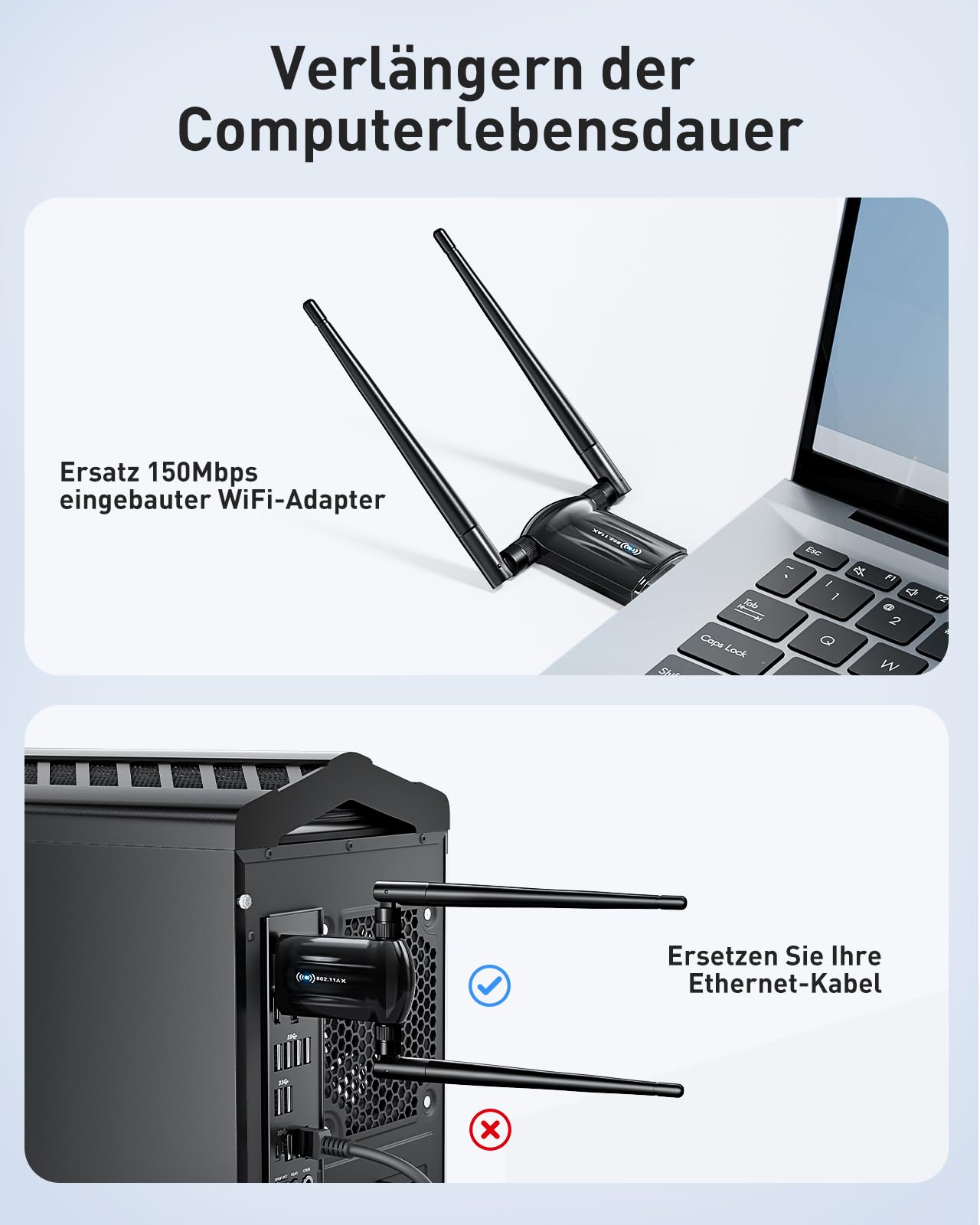USB WLAN Stick Adapter für PC - Nineplus AX1800, Dualband 5GHz/2,4GHz WiFi 6 Stick mit WLAN Antennes, integrierter Treiber, USB 3.0 WiFi Dongle Adapter PC kompatibel mit Windows 11/10 4