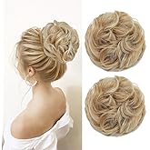 YOLANFAIRY 2PCS Messy Bun Hair Piece Wavy Curly Tousled Updo Hair Buns Synthetic Chignon Elastic Hair Band Fake Bun Hair Pieces for Women (Lighe Golden Brown Mix Bleach Blonde, 2PCS Same)
