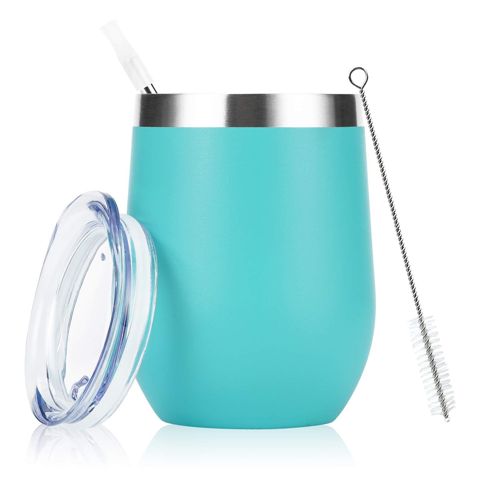 Joymaking 12oz Insulated Stainless Steel Wine Tumbler with Lid and Straw, Double Walled Wine Glass Tumbler Gift for Women, Great for Hot & Cold Drinks -Wine, Champagne, Coffee, Ice Cream(Aqua Blue)