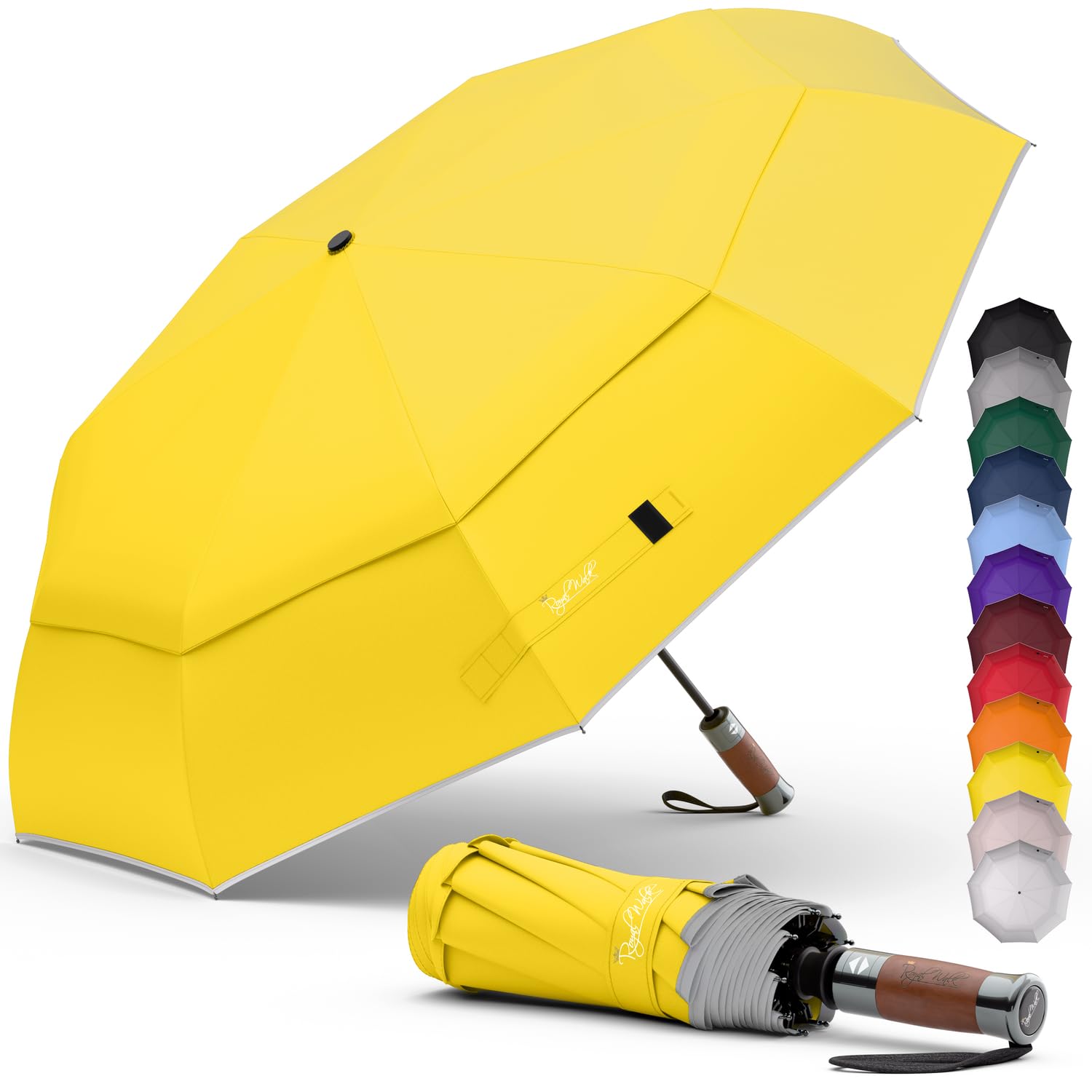 Royal Walk Windproof Folding Travel Umbrella Compact and Strong Luxurious Real Wood Handle Automatic Open Close Vented Double Canopy for Men and Women (Yellow)