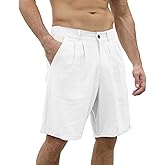 Men's Linen Casual Beach Shorts Cotton Classic Summer Shorts with Buttons Elastic Waist
