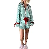Sastianaen Women Christmas Pajama Sets Bow Tie Long Sleeve Shirt Ruffle Shorts Striped 2 Piece Pjs Sets