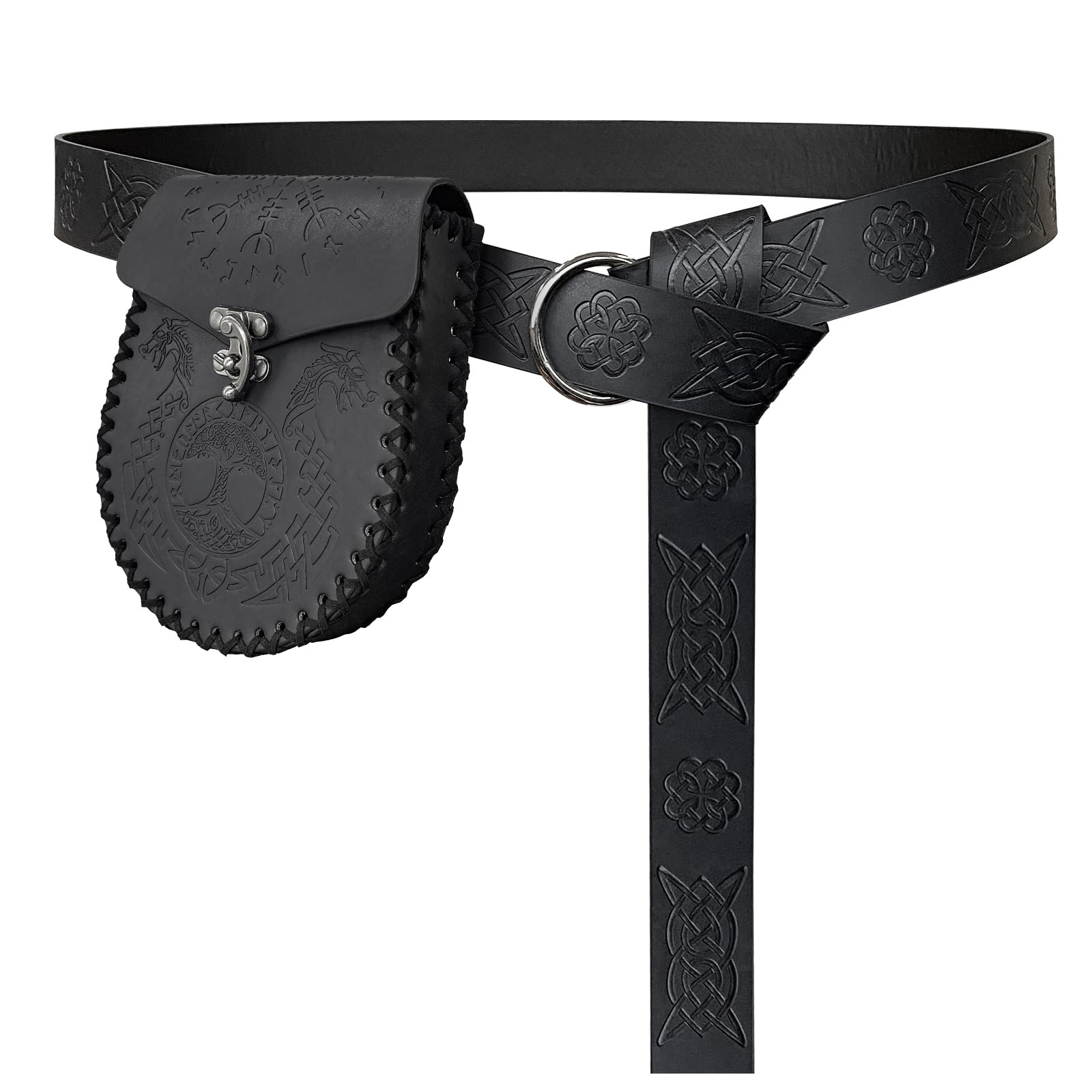 HiiFeuer Medieval Nordic Embossed O-Ring Belt with Faux Leather Pouch for LARP (Black)