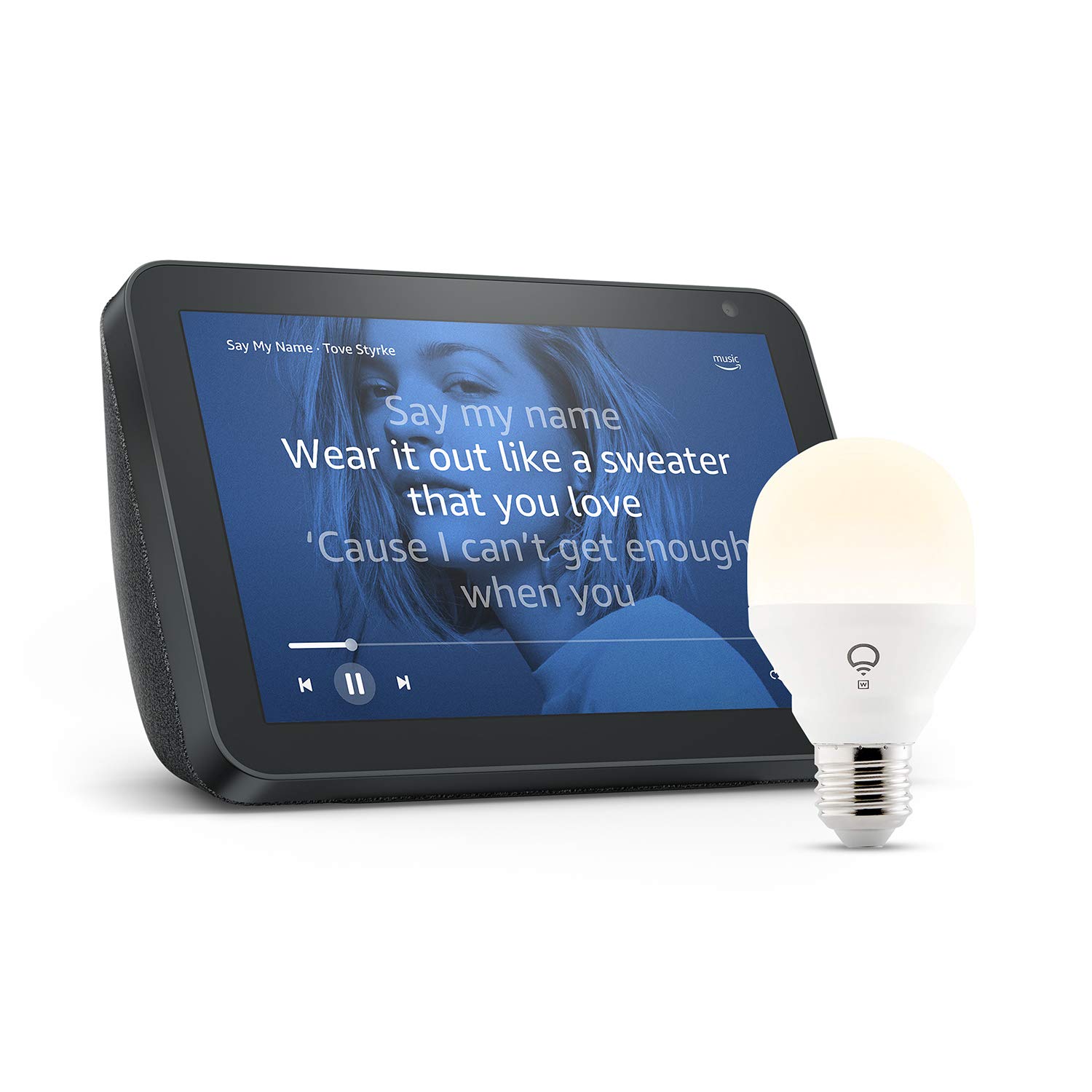 Echo Show 8, Charcoal fabric + LIFX White Wi-Fi Smart Bulb LED (E27) (no hub required), Works with Alexa
