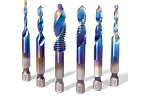 ColumPRO 6PCS Titanium Drill and Tap Combination Bits Set, 1/4” Hex Shank 3-in-1 Blue Coated Spiral Screw Tapping Multi-Function Bit for Drilling, Tapping and Countersinking (Metric M3-M10)