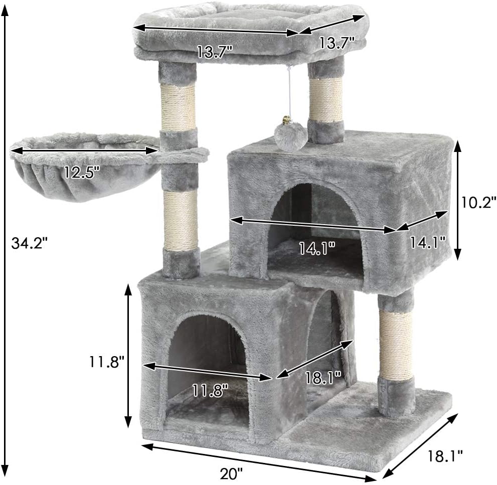 SUPERJARE Cat Tree with Plush Perch & Dangling Balls, Activity Kitten Centre Tower Equipped with Basket, Scratching Posts and Plush Condos - Gray : Pet Supplies