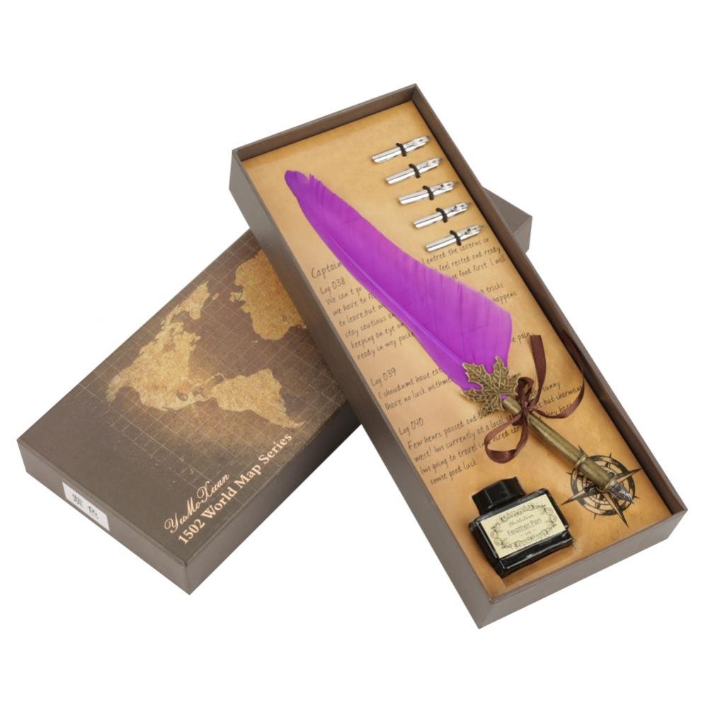 Feather Quill Pen, Calligraphy Writing Quill Ink Dip Pen Set with Ink and 5pcs Metal Nibs Hand Craft Pen in Gift Box(Purple)