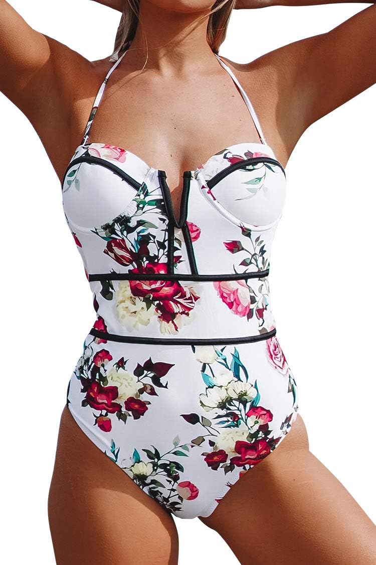 Women's Romantic Floral Print Halter Cutout One Piece Swimsuit