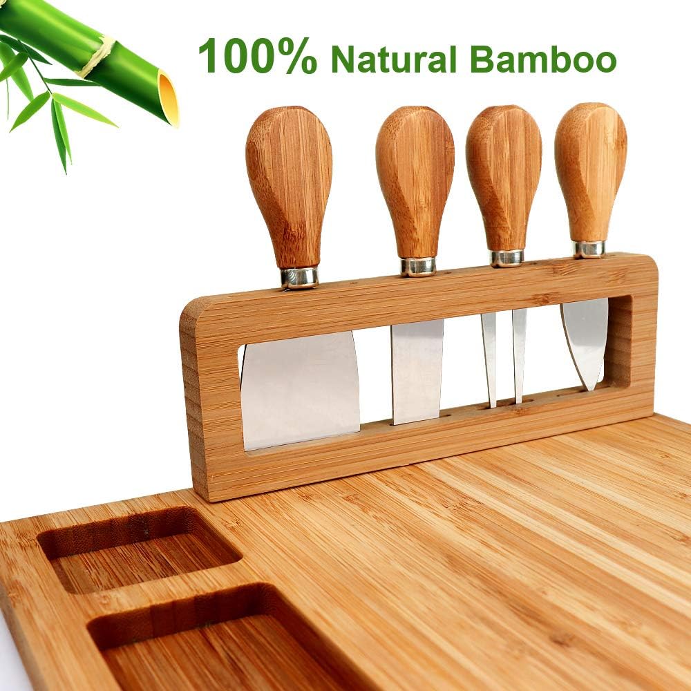 Bamboo Cheese Board Set including Cutlery Wooden Charcuterie Tray Platter Including 4 Stainless Steel Knife and Serving Utensils - Image 5