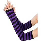 Sumleno Long Fingerless Gloves Knitted Y2k Striped Arm Warmers for Women Girls Punk Gothic Emo Scene Grunge Accessories