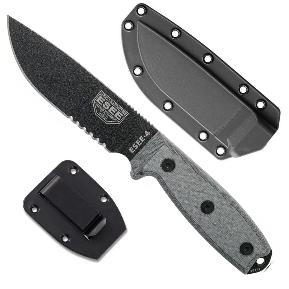 Cuchillo de supervivencia ESEE Knives modelo 4S - Borde dentado, cuchillo de hoja fija, incluye funda - Probado en campo, fabricado en los EE. UU.