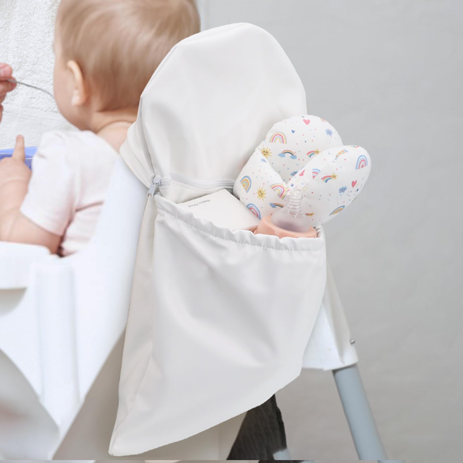 Photo 1 of Blublu Park High Chair Back Pocket, Chairs Bag Compatible with Ikea High Chair with Wipeable Waterproof Material, One Large Storage Pouch with Internal Zipper Pocket for Baby (White)