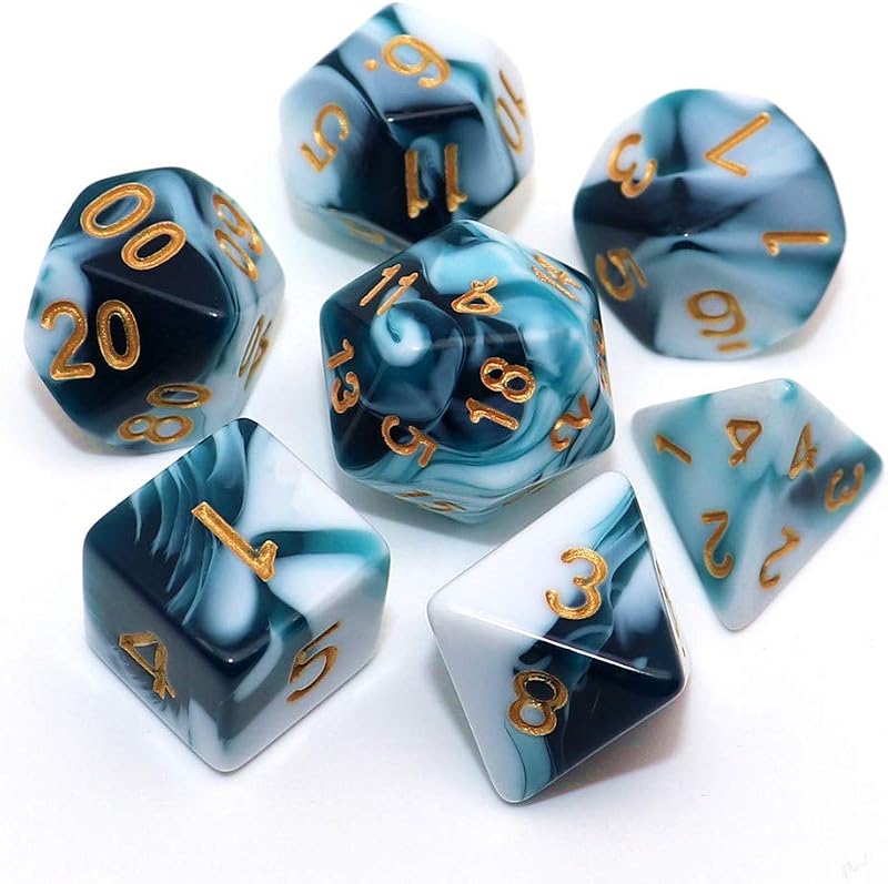 CREEBUY Teal White D&D Dice Set 7-Piece Polyhedral DND D20 D12 D% D10 D8 D6 D4