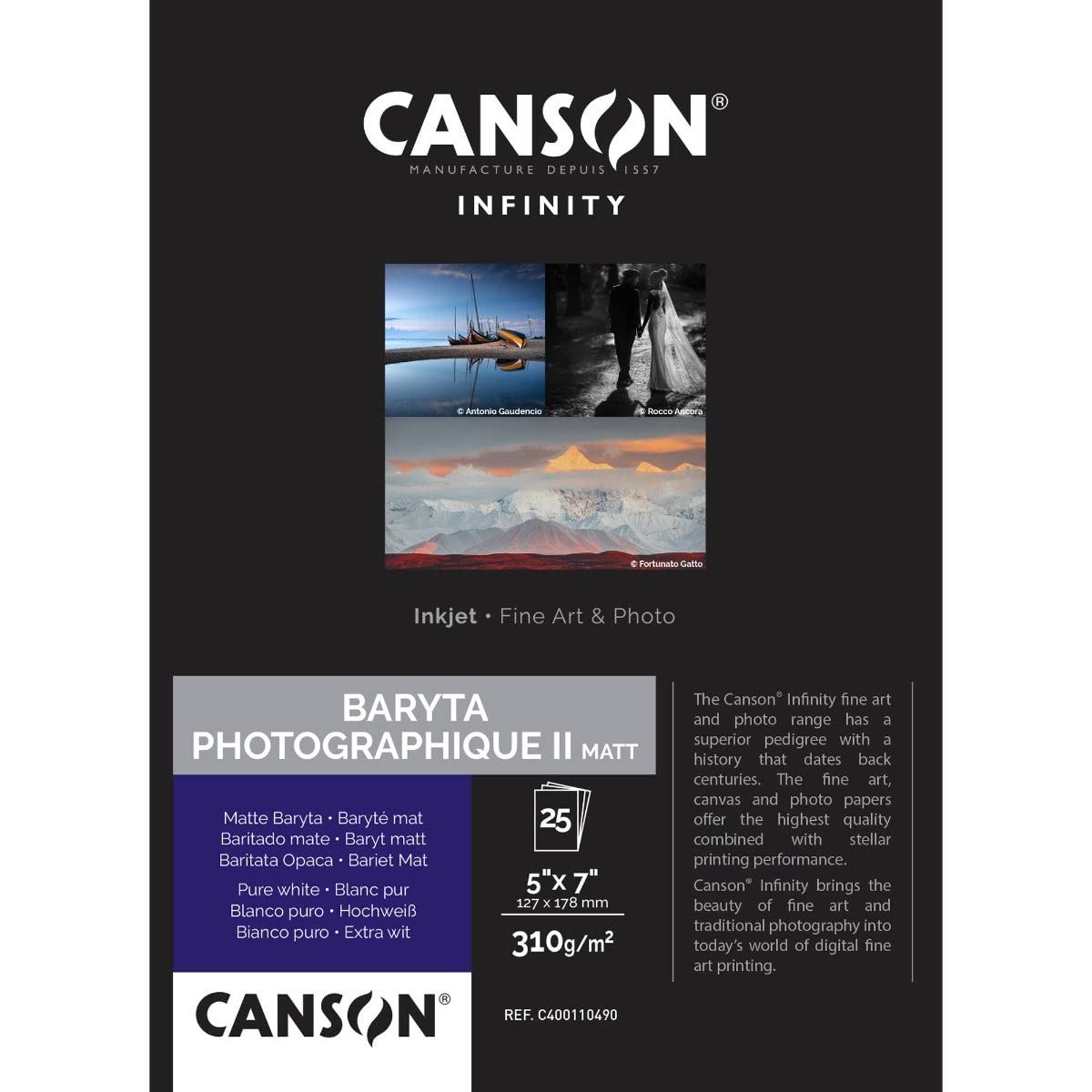 Canson Infinity Baryta Photo II Matt White Inkjet Photo Paper, 310gsm, 12.7 x 17.8 cm, 25 Sheets, Acid-Free, Ideal for Professional Photographers