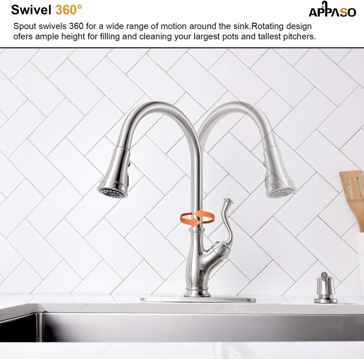 APPASO Pull Down Kitchen Faucet with Magnetic Docking Sprayer Brushed Nickel - Single Handle 1 Hole High Arc Pull Out Kitchen Sink Faucets with Soap Dispenser, 175BN - - 
