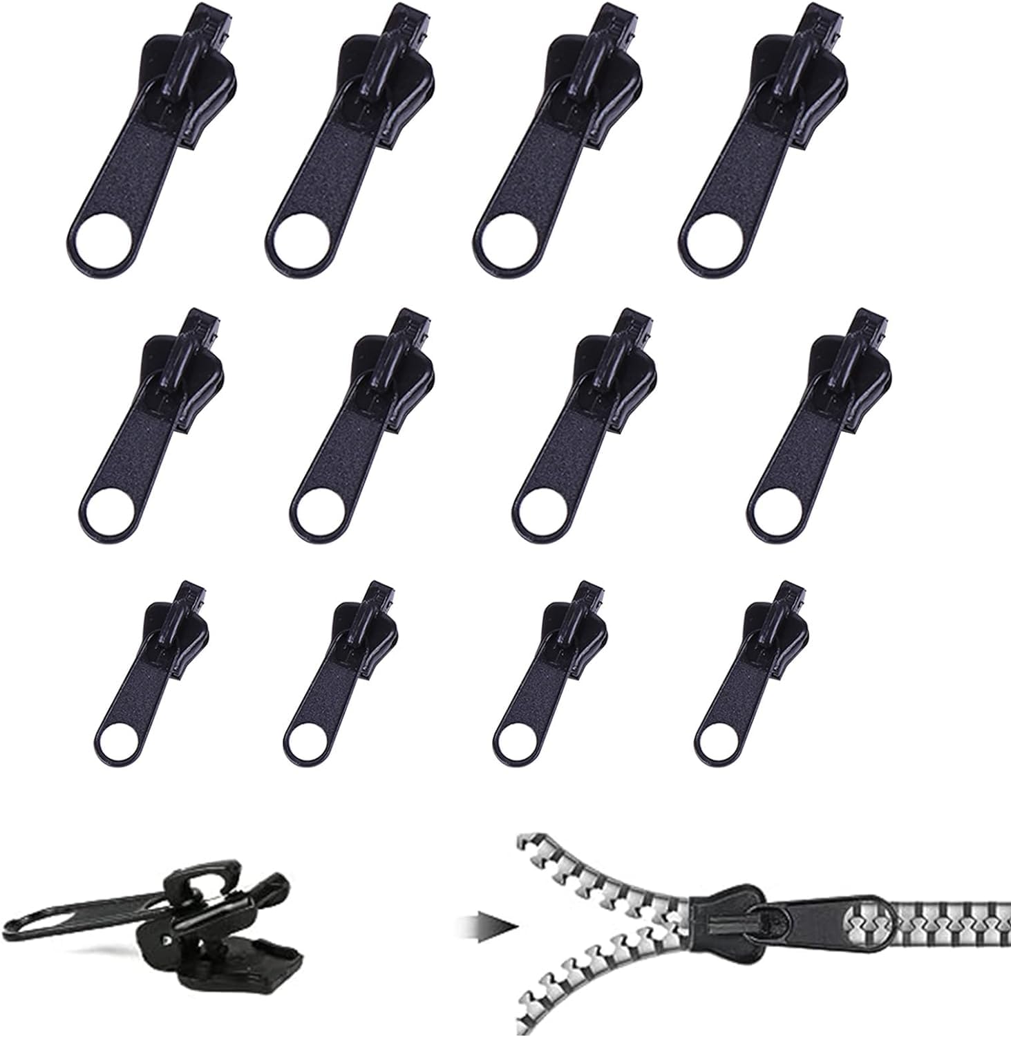 Photo 1 of 12Pcs Black Fix Zip Puller,Zip Slider Repair Instant Kit,Instant Zipper Set,Fix Zipper Removable Rescue Replacement Pack,for Sewing Clothes Jacket Repair Kit Luggage Sewing Notions and Supplies