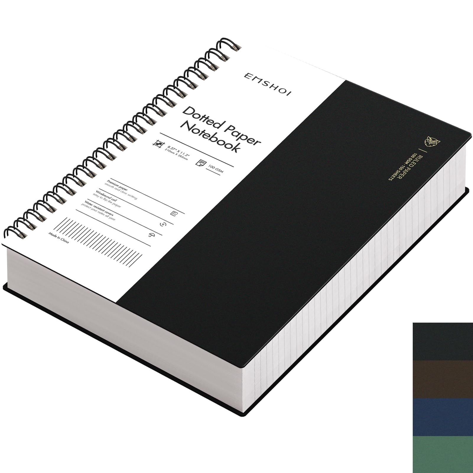 EMSHOI A4 Notebook Lined 300 Perforated Pages/150 Tear Sheets, Wirebound Spiral Notepad, 100gsm Thick Paper, Waterproof Softcover, Writing Journal for Work Office School, 21.5x27.9cm, Black