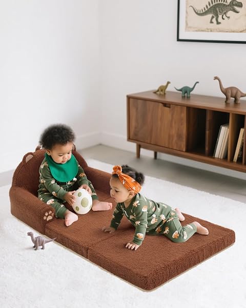 MOONBEEKI 2-IN-1 FOLDABLE TODDLER COUCH, SOFT SHERPA FABRIC WITH WASHABLE COVER, CONVERTIBLE SOFA TO LOUNGER, KIDS SOFA FOR PLAYROOM, BEDROOM, LIVING ROOM, BIRTHDAY GIFT, AGES 3-6, BEAR, LARGE
