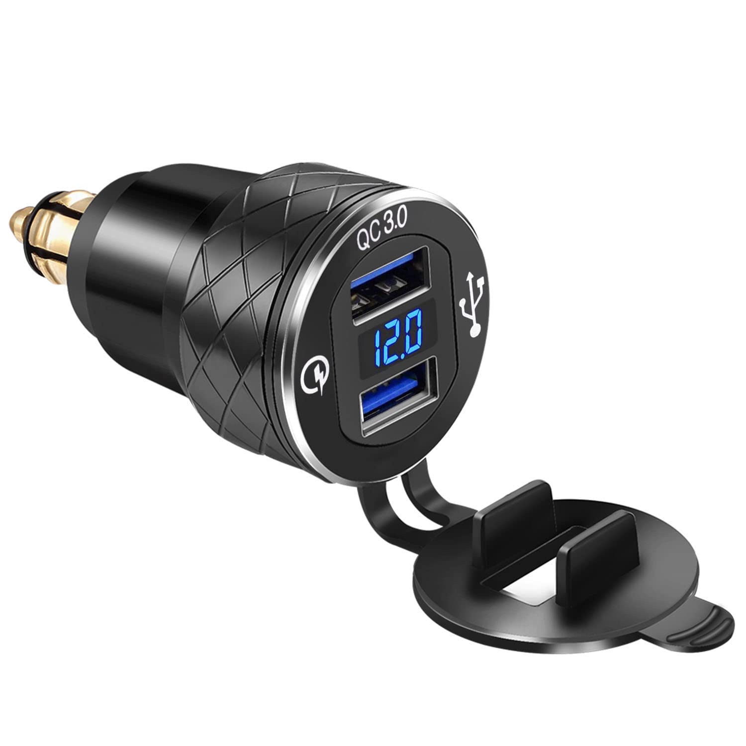 Aluminum Alloy Quick Charge 3.0 Dual Motorcycle USB Charger for BMW Motorcycle Charger for Triumph Tiger Ducati Cigarette Lighter Voltmeter QC3.0 DIN Socket to USB Adapter (black)