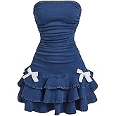 WDIRARA Women's Strapless Denim Mini Dress Bandeau Layered Ruffle A Line Bow Dresses