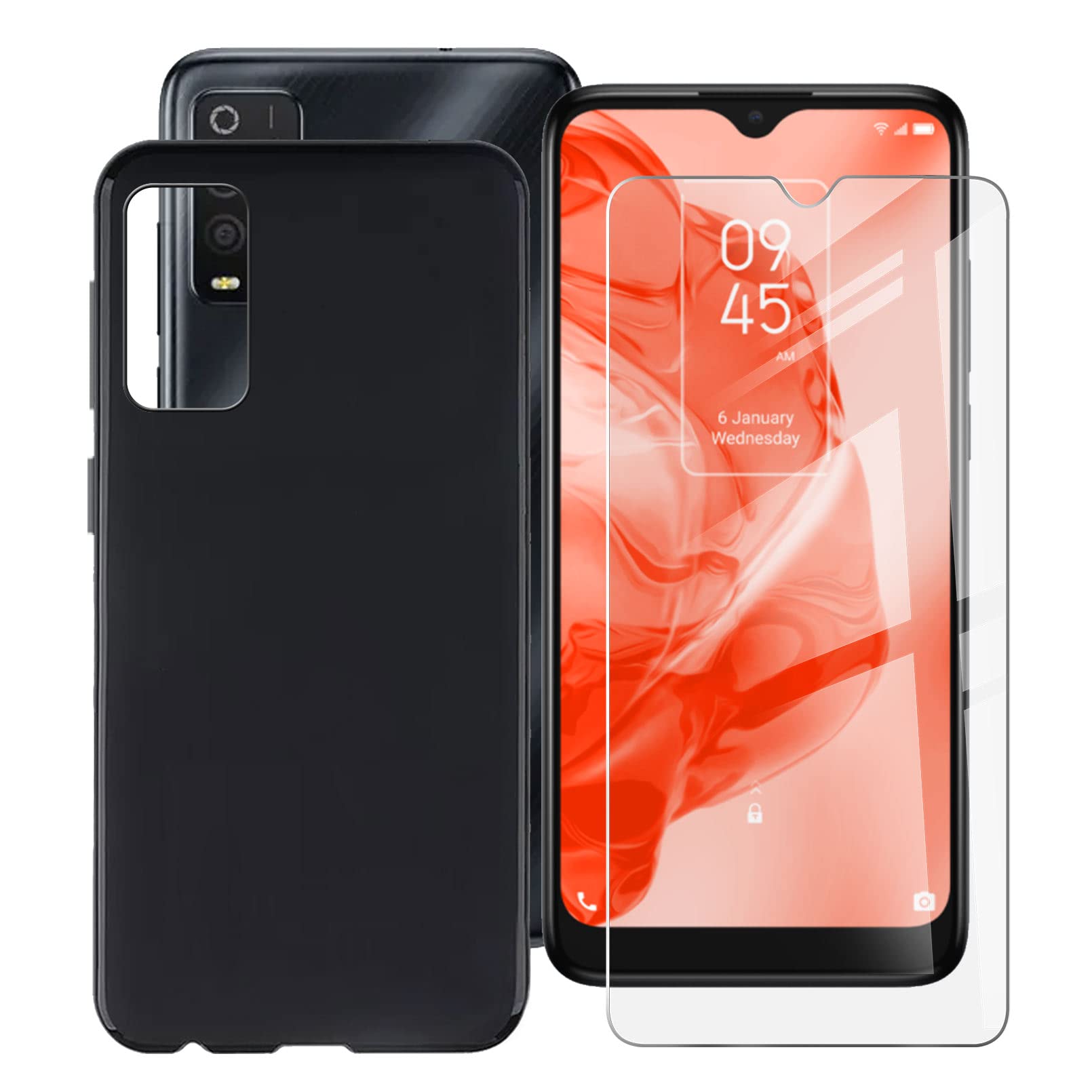 HHUAN Case for TCL 205 (6.67") + [1 Pcs Tempered Glass Protective Film], Black Soft Silicone TPU Bumper Anti-Scratch/Shockproof Case, for TCL 205 Cover - Black