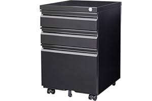 STRPRETTY BASIC 3 Drawer File Cabinet - Metal File Mobile Filing Cabinet with Lock for Legal/Letter/A4 Size for Home Office Fully Assembled Except Wheels (Black)