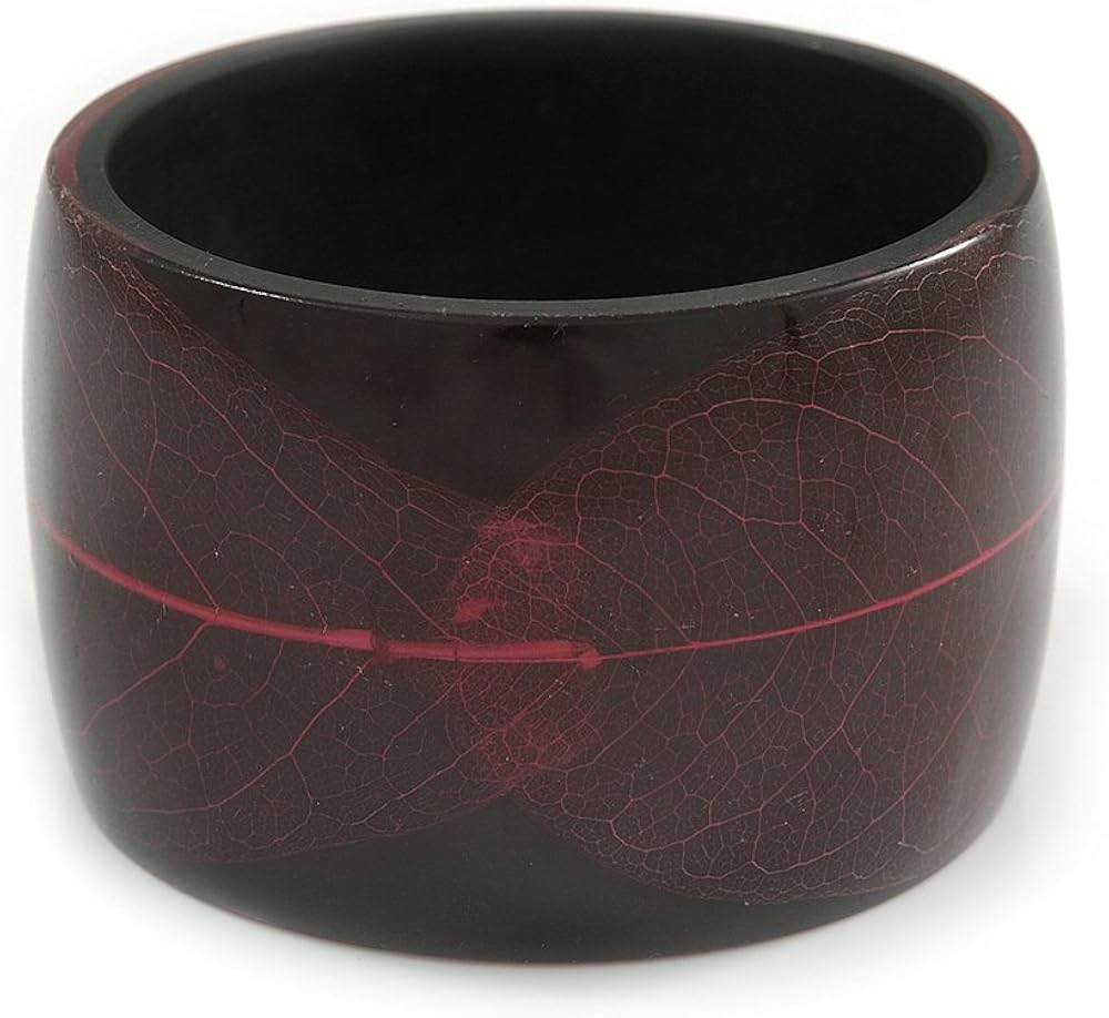 Avalaya Chunky Acrylic Bangle Bracelet with Leaf Motif (Black/Deep Pink) - 17cm L (Medium), black, deep pink