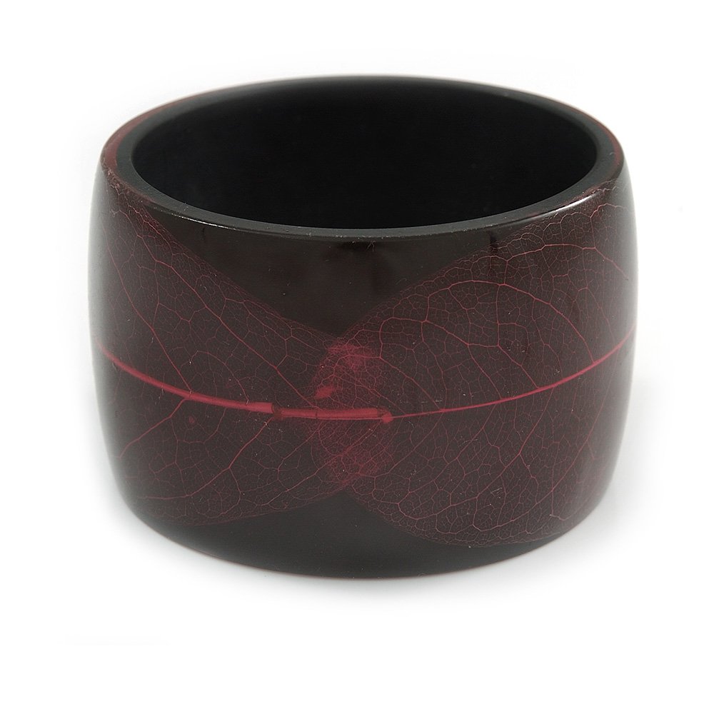 Avalaya Chunky Acrylic Bangle Bracelet with Leaf Motif (Black/Deep Pink) - 17cm L (Medium)