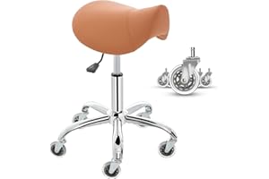 E-Motie Saddle Stool with Wheels, Swivel Adjustable Rolling Stool PU Leather Saddle Chair, Ergonomic Drafting Salon Stool for Massage, Clinic, Lab, Office, Beauty, Tattoo, Medical (Brown)