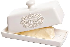 25DOL Covered Butter Dish with Lid - Elegant Engraved Butter Holder with Lid - Ceramic Butter Stick Holder Tray Holds Any Size Stick - Decorative Butter Keeper Container for Countertop & Fridge - 7.7" x 4"