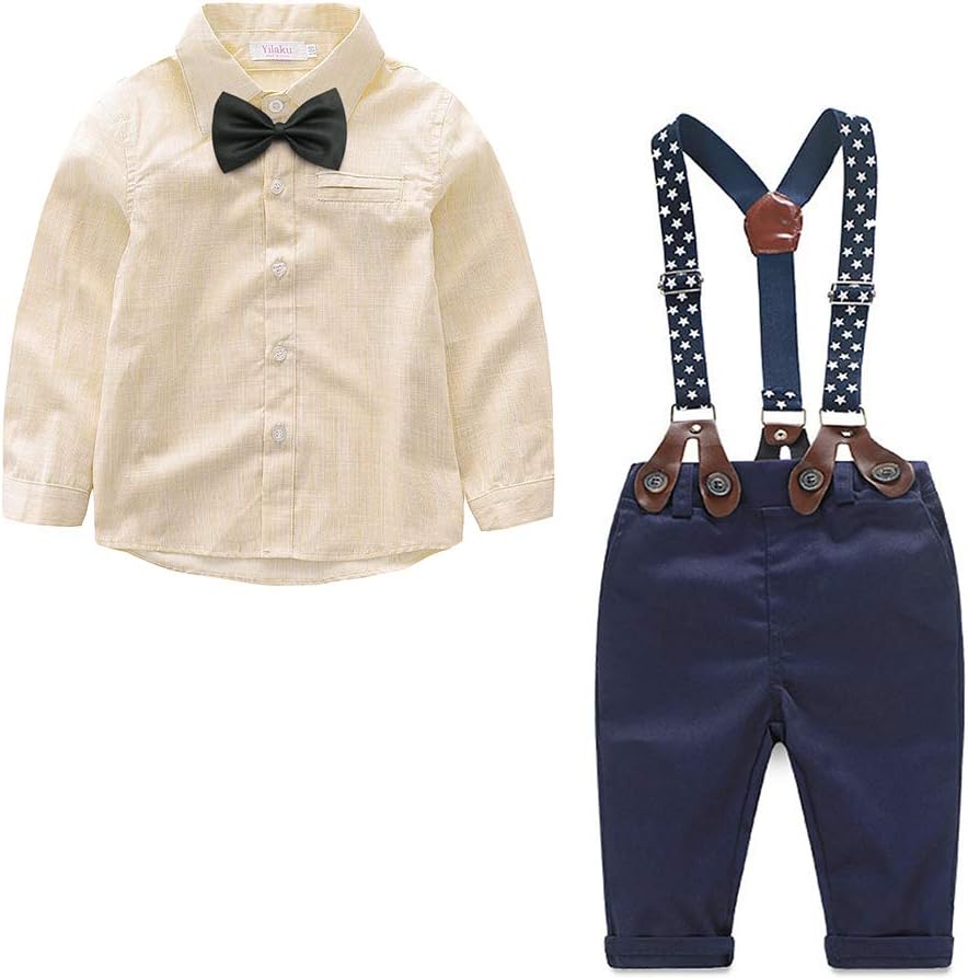 Baby Boy Clothes Set Autumn Shirt + Bowtie + Suspender Pants Set 4pcs Toddler Boy Infant Gentleman Easter Outfits Suit Set