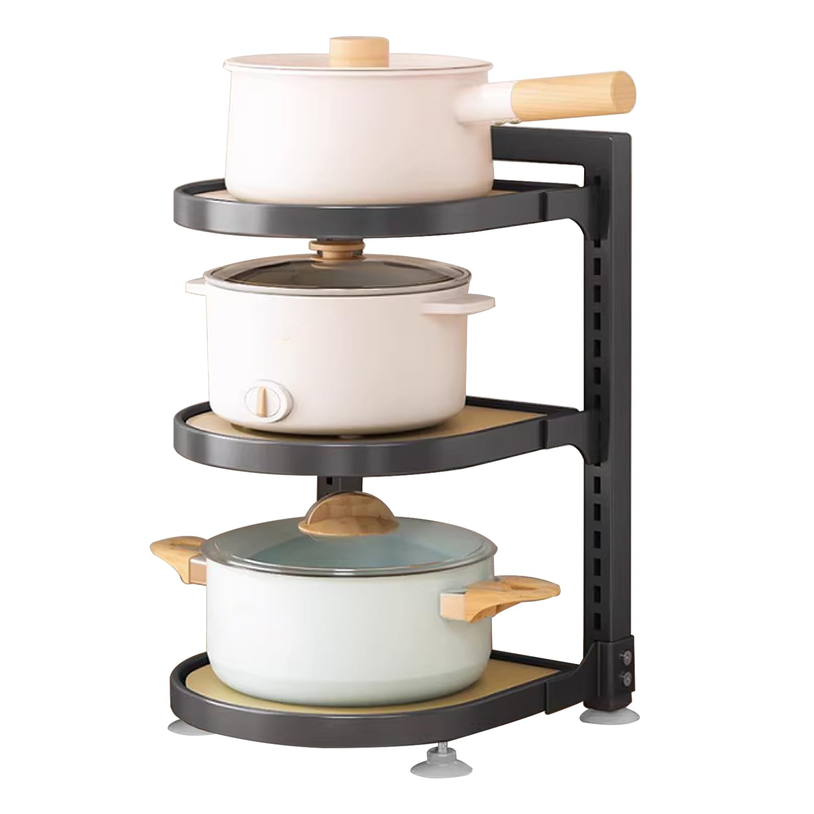 KMQRDZi Pot Holder, Pan Organizer for Kitchen, Kitchen Shelf, Frying Pan Cooking Pan Staggered Storage Rack, 3-Tier Adjustable Pot Organiser Shelf for Cabinet