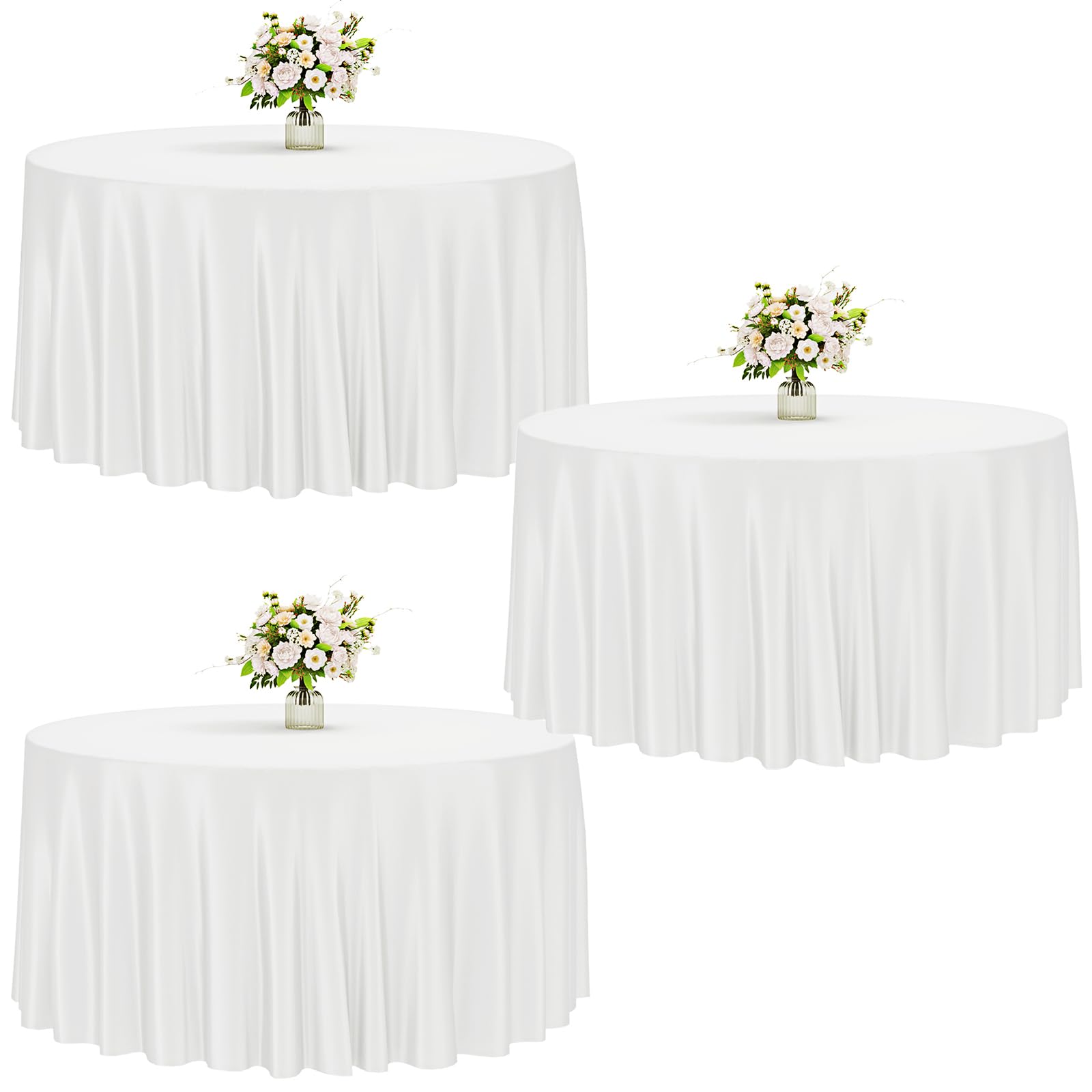 Photo 1 of Fixwal 120 Inch White Round Tablecloth, 3 Pack Round Table Cloth Polyester Fabric Washable Table Covers for Wedding, Party, Banquet, Dining, Birthday Events