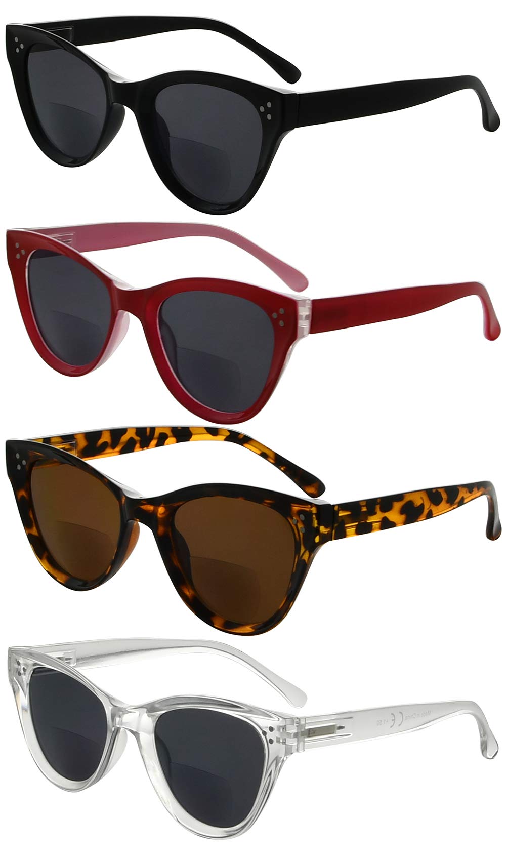 Eyekeeper 4-Packing Oversize Cat-Eye Bifocal Sunglasses for Women Reading Tinted Lens +1.00