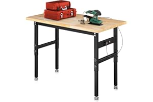 BMJX US 48" Adjustable Workbench with Power Outlet & Soild Oak Hardwood Top - Heavy-Duty Work Bench Table for Garage, Workshop, Office, Home - 2000 lbs Capacity