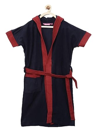 Sand Dune - Navy Blue Color with Red Border Kids Hood Bathrobe for Girls - 100% Terry Cotton Bathrobe Gown - Half Sleeves, Knee Length, Pocket with Waist Belt - Children Hodded Bath Robe for Age Group Between 8 to 9 Years