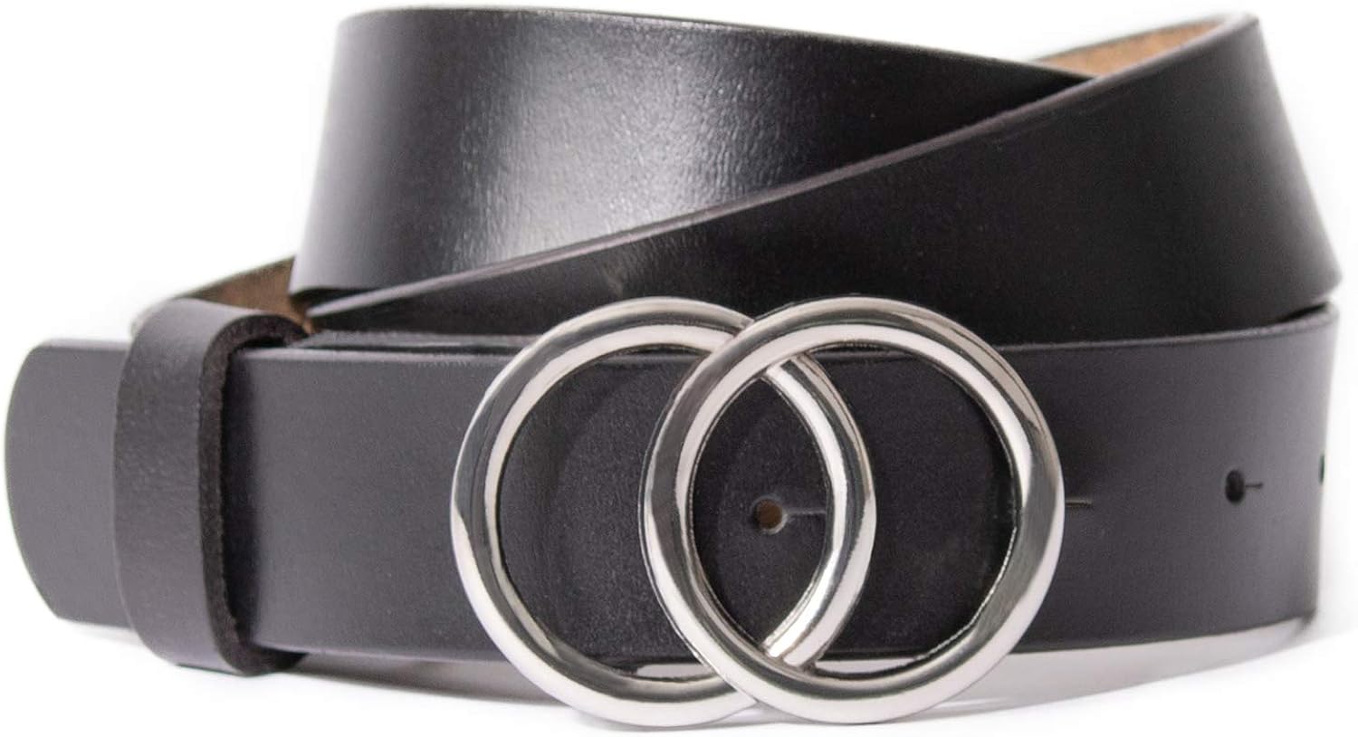 Women's Slim Belt with Two Rings Buckle Leather Belt 2.8 cm Wide Black