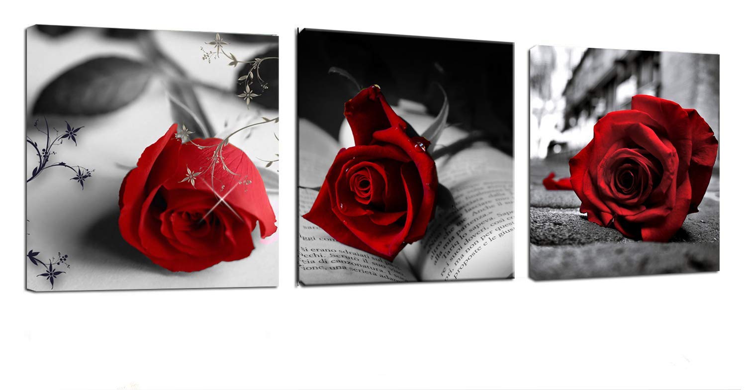 Red Rose Flowers Gray Book Canvas Wall Art Pictures Canvas Prints for Home Decorations Ready to Hang Set of 3 Panels
