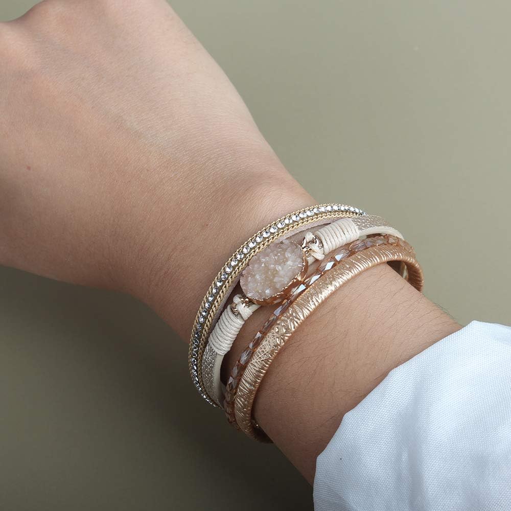 Leather Wrap Bracelet Boho Cuff Bracelets Crystal Bead Bracelet with Magnetic Clasp for Women Handmade Layered Bracelet for Women Teens(7.7", Gold): Clothing